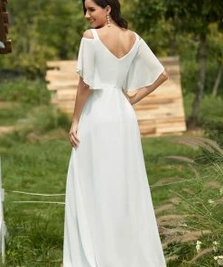 Ever-Pretty US Double V Neck Cold Shoulder Flowy Chiffon Outdoor Wedding Dress Summer Dresses 2022