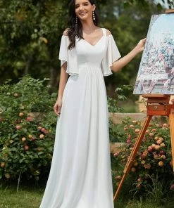Ever-Pretty US Elegant Cold Shoulder Flutter Sleeves Flowy Bridesmaid Dress