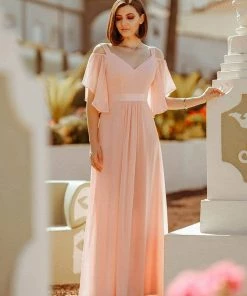 Ever-Pretty US Elegant Cold Shoulder Flutter Sleeves Flowy Bridesmaid Dress