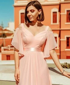 Ever-Pretty US Elegant Cold Shoulder Flutter Sleeves Flowy Bridesmaid Dress