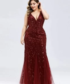 Ever-Pretty US Plus Size Double V-Neck Fishtail Sequin Formal Maxi Evening Dress