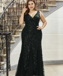 Ever-Pretty US White Dresses Custom Size Double V-Neck Fishtail Sequin Formal Maxi Evening Dress