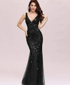 Ever-Pretty US Women's Double V-Neck Fishtail Sequin Evening Dress