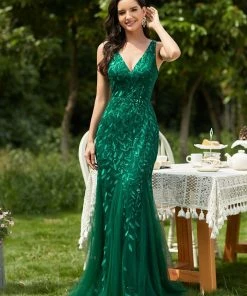 Ever-Pretty US Women's Double V-Neck Fishtail Sequin Evening Dress