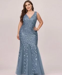 Ever-Pretty US White Dresses Custom Size Double V-Neck Fishtail Sequin Formal Maxi Evening Dress