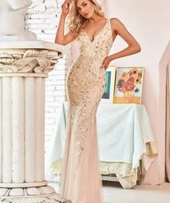 Ever-Pretty US Women's Double V-Neck Fishtail Sequin Evening Dress