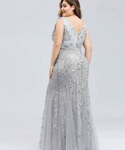 Ever-Pretty US White Dresses Custom Size Double V-Neck Fishtail Sequin Formal Maxi Evening Dress