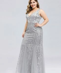 Ever-Pretty US White Dresses Custom Size Double V-Neck Fishtail Sequin Formal Maxi Evening Dress