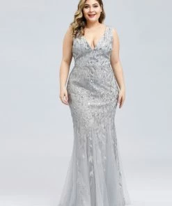 Ever-Pretty US White Dresses Custom Size Double V-Neck Fishtail Sequin Formal Maxi Evening Dress