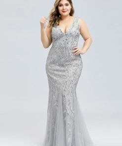 Ever-Pretty US White Dresses Custom Size Double V-Neck Fishtail Sequin Formal Maxi Evening Dress