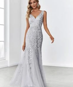 Ever-Pretty US Women's Double V-Neck Fishtail Sequin Evening Dress