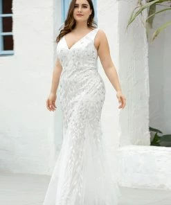 Ever-Pretty US White Dresses Custom Size Double V-Neck Fishtail Sequin Formal Maxi Evening Dress