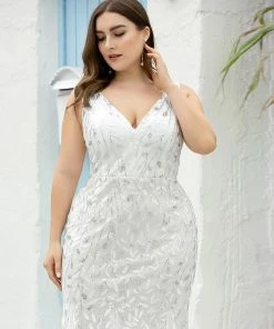 Ever-Pretty US White Dresses Custom Size Double V-Neck Fishtail Sequin Formal Maxi Evening Dress