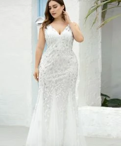 Ever-Pretty US White Dresses Custom Size Double V-Neck Fishtail Sequin Formal Maxi Evening Dress