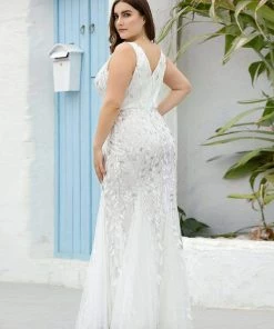 Ever-Pretty US Summer Dresses 2022 Double V-Neck Sequin Outdoor Mermaid Wedding Dress