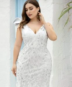 Ever-Pretty US Summer Dresses 2022 Double V-Neck Sequin Outdoor Mermaid Wedding Dress