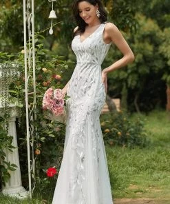 Ever-Pretty US Summer Dresses 2022 Double V-Neck Sequin Outdoor Mermaid Wedding Dress