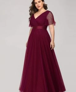 Ever-Pretty US Double V-Neck Floor-Length Short Sleeve Tulle Bridesmaid Dresses