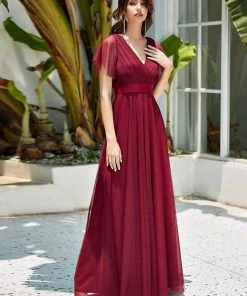 Ever-Pretty US Custom Size Double V-Neck Floor-Length Short Sleeve Tulle Bridesmaid Dresses