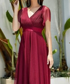 Ever-Pretty US Custom Size Double V-Neck Floor-Length Short Sleeve Tulle Bridesmaid Dresses