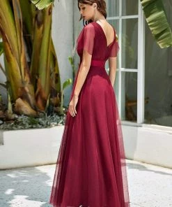 Ever-Pretty US Custom Size Double V-Neck Floor-Length Short Sleeve Tulle Bridesmaid Dresses