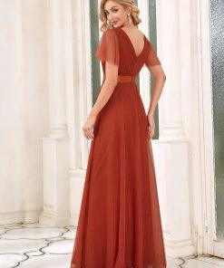 Ever-Pretty US Custom Size Double V-Neck Floor-Length Short Sleeve Tulle Bridesmaid Dresses