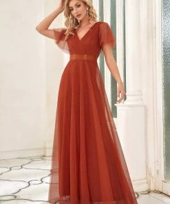 Ever-Pretty US Custom Size Double V-Neck Floor-Length Short Sleeve Tulle Bridesmaid Dresses