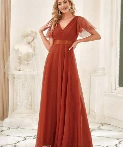 Ever-Pretty US V-Neck Floor-Length Short Sleeve Tulle Bridesmaid Dresses Party Dresses