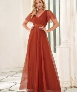 Ever-Pretty US Custom Size Double V-Neck Floor-Length Short Sleeve Tulle Bridesmaid Dresses