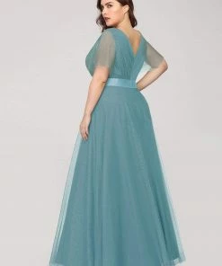 Ever-Pretty US Double V-Neck Floor-Length Short Sleeve Tulle Bridesmaid Dresses