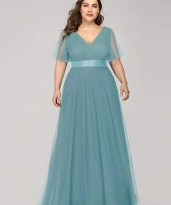 Ever-Pretty US Double V-Neck Floor-Length Short Sleeve Tulle Bridesmaid Dresses
