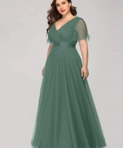 Ever-Pretty US Double V-Neck Floor-Length Short Sleeve Tulle Bridesmaid Dresses