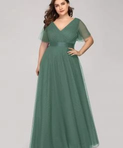 Ever-Pretty US Double V-Neck Floor-Length Short Sleeve Tulle Bridesmaid Dresses