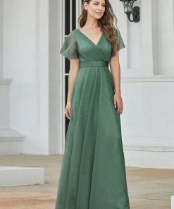 Ever-Pretty US Double V-Neck Floor-Length Short Sleeve Tulle Bridesmaid Dresses