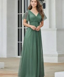 Ever-Pretty US Custom Size Double V-Neck Floor-Length Short Sleeve Tulle Bridesmaid Dresses