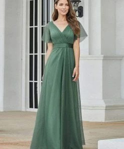 Ever-Pretty US Custom Size Double V-Neck Floor-Length Short Sleeve Tulle Bridesmaid Dresses