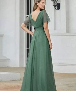 Ever-Pretty US Double V-Neck Floor-Length Short Sleeve Tulle Bridesmaid Dresses