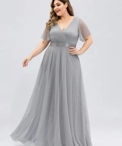 Ever-Pretty US Party Dresses Women's Floor-Length Plus Size Formal Bridesmaid Dress With Short Sleeve
