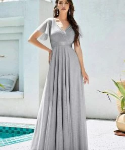 Ever-Pretty US Custom Size Double V-Neck Floor-Length Short Sleeve Tulle Bridesmaid Dresses