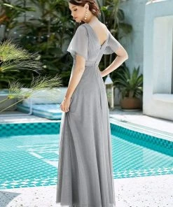 Ever-Pretty US Double V-Neck Floor-Length Short Sleeve Tulle Bridesmaid Dresses