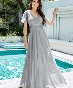 Ever-Pretty US Custom Size Double V-Neck Floor-Length Short Sleeve Tulle Bridesmaid Dresses