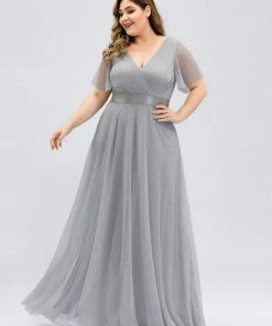 Ever-Pretty US Custom Size Double V-Neck Floor-Length Short Sleeve Tulle Bridesmaid Dresses