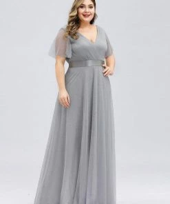 Ever-Pretty US Double V-Neck Floor-Length Short Sleeve Tulle Bridesmaid Dresses