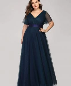Ever-Pretty US Custom Size Double V-Neck Floor-Length Short Sleeve Tulle Bridesmaid Dresses