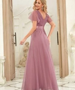 Ever-Pretty US Custom Size Double V-Neck Floor-Length Short Sleeve Tulle Bridesmaid Dresses