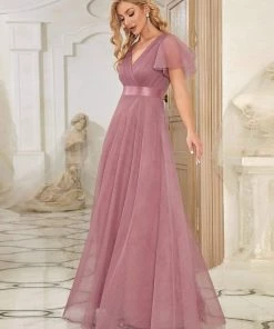 Ever-Pretty US Custom Size Double V-Neck Floor-Length Short Sleeve Tulle Bridesmaid Dresses