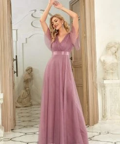 Ever-Pretty US V-Neck Floor-Length Short Sleeve Tulle Bridesmaid Dresses Party Dresses