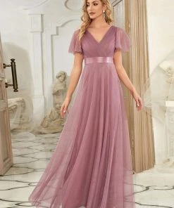 Ever-Pretty US V-Neck Floor-Length Short Sleeve Tulle Bridesmaid Dresses Party Dresses