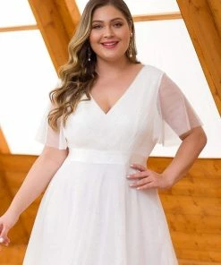 Ever-Pretty US Double V-Neck Floor-Length Short Sleeve Tulle Bridesmaid Dresses