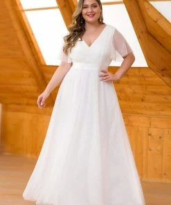 Ever-Pretty US Double V-Neck Floor-Length Short Sleeve Tulle Bridesmaid Dresses
